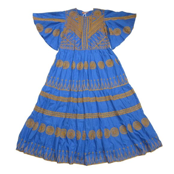 NWT Oliphant Flirty V-neck Maxi in Soleil Blue Embroidered Cotton Dress M $398